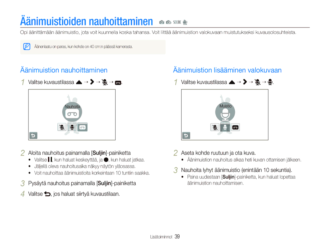 Samsung EC-ST500ZBPRE2, EC-ST510ZBPSE2, EC-ST500ZBPUE2 Äänimuistioiden nauhoittaminen a p s d, Äänimuistion nauhoittaminen 