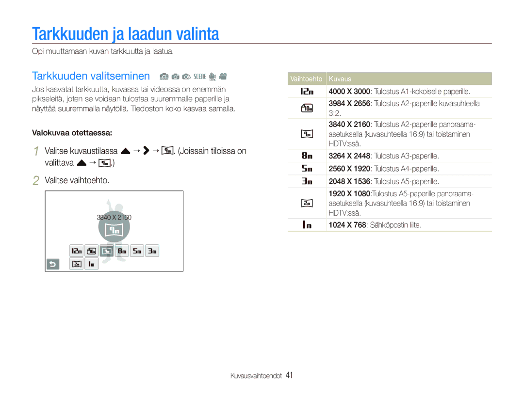 Samsung EC-ST500ZBPUE2 manual Tarkkuuden ja laadun valinta, Tarkkuuden valitseminen S a p s d, Valokuvaa otettaessa 