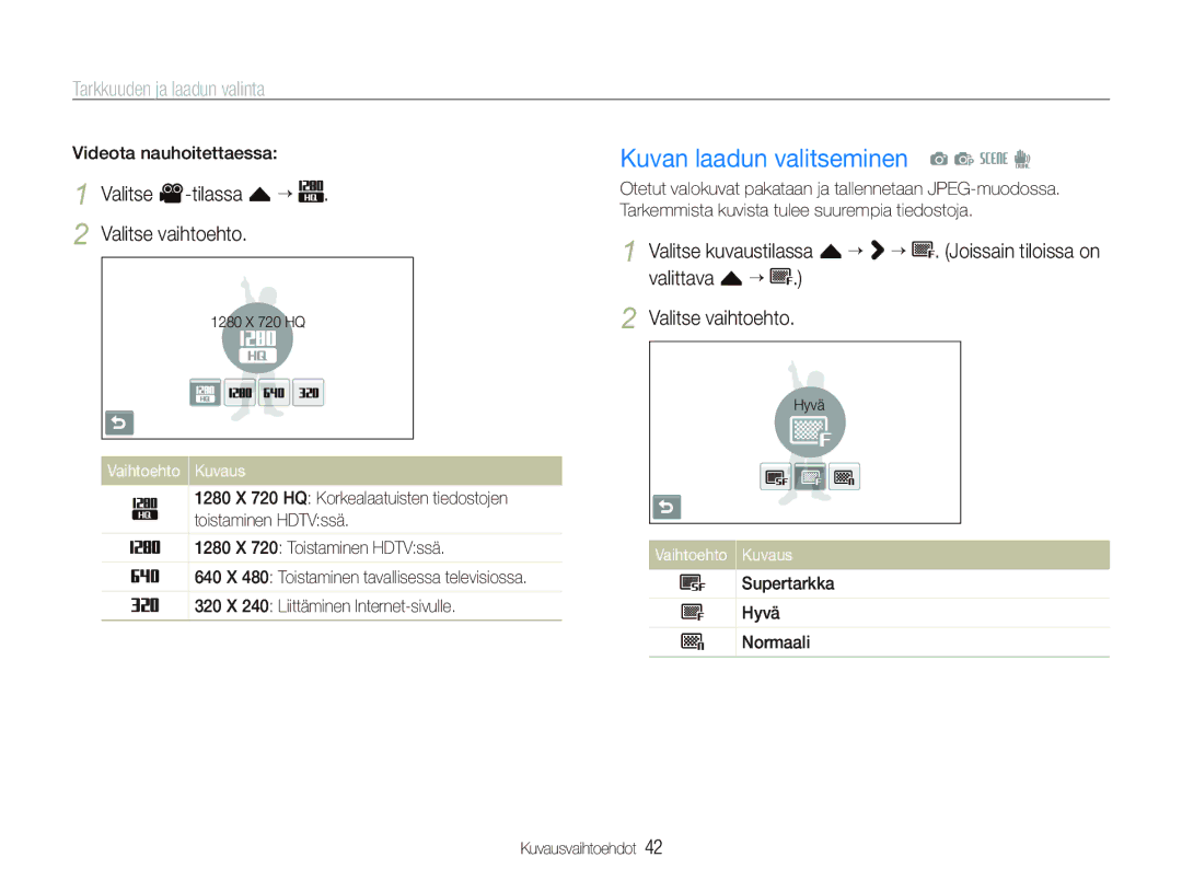 Samsung EC-ST500ZBPSE2 manual Kuvan laadun valitseminen a p s d, Tarkkuuden ja laadun valinta, Videota nauhoitettaessa 