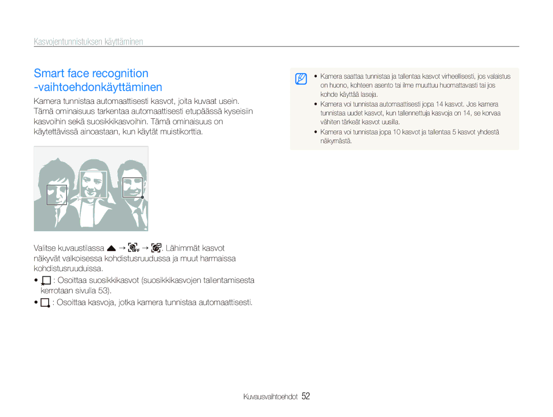Samsung EC-ST510ZBPSE2, EC-ST500ZBPRE2, EC-ST500ZBPUE2, EC-ST500ZBPSE2 manual Smart face recognition Vaihtoehdonkäyttäminen 