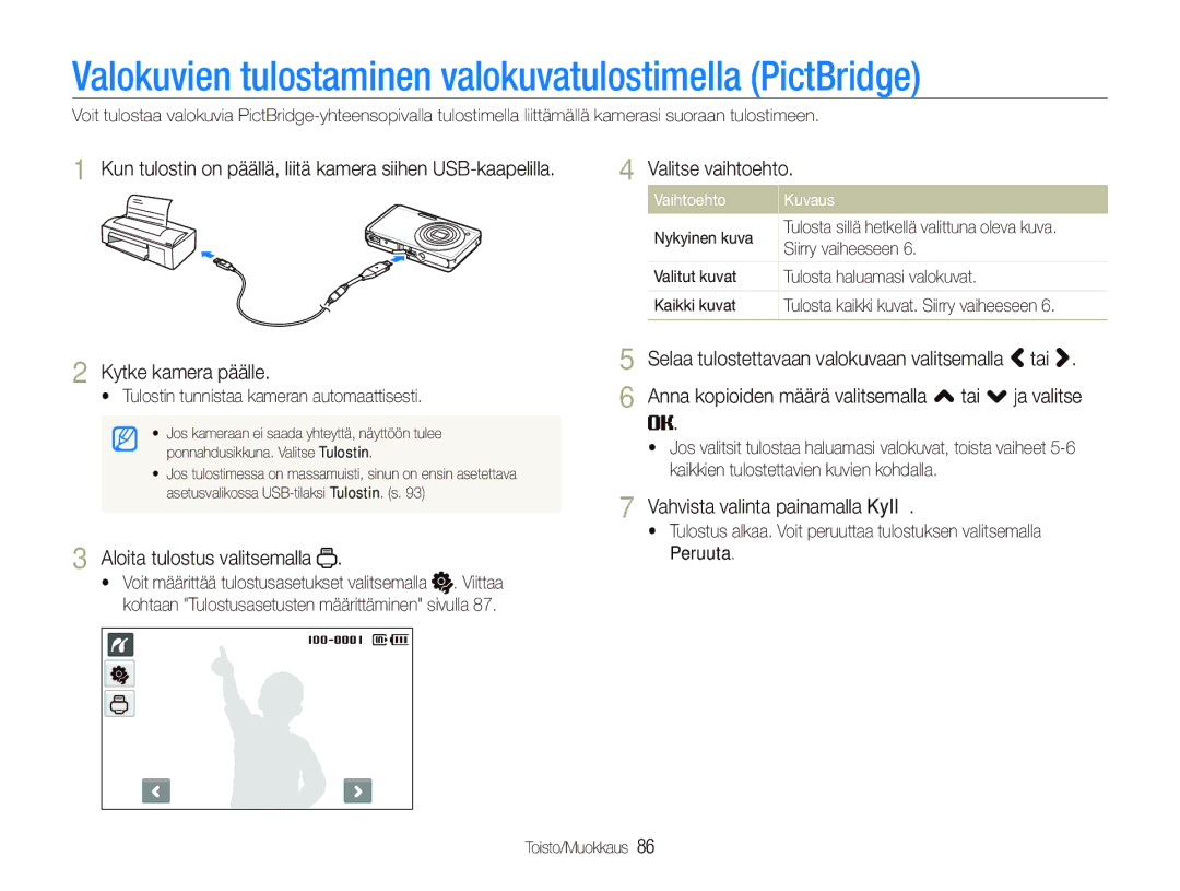 Samsung EC-ST500ZBPSE2 Valokuvien tulostaminen valokuvatulostimella PictBridge, Aloita tulostus valitsemalla, Vaihtoehto 