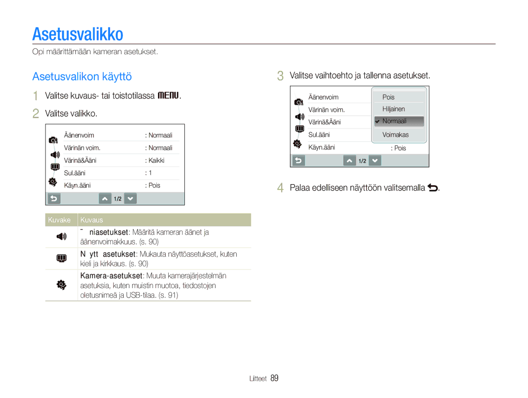 Samsung EC-ST500ZBPUE2 manual Asetusvalikko, Asetusvalikon käyttö, Valitse kuvaus- tai toistotilassa M Valitse valikko 