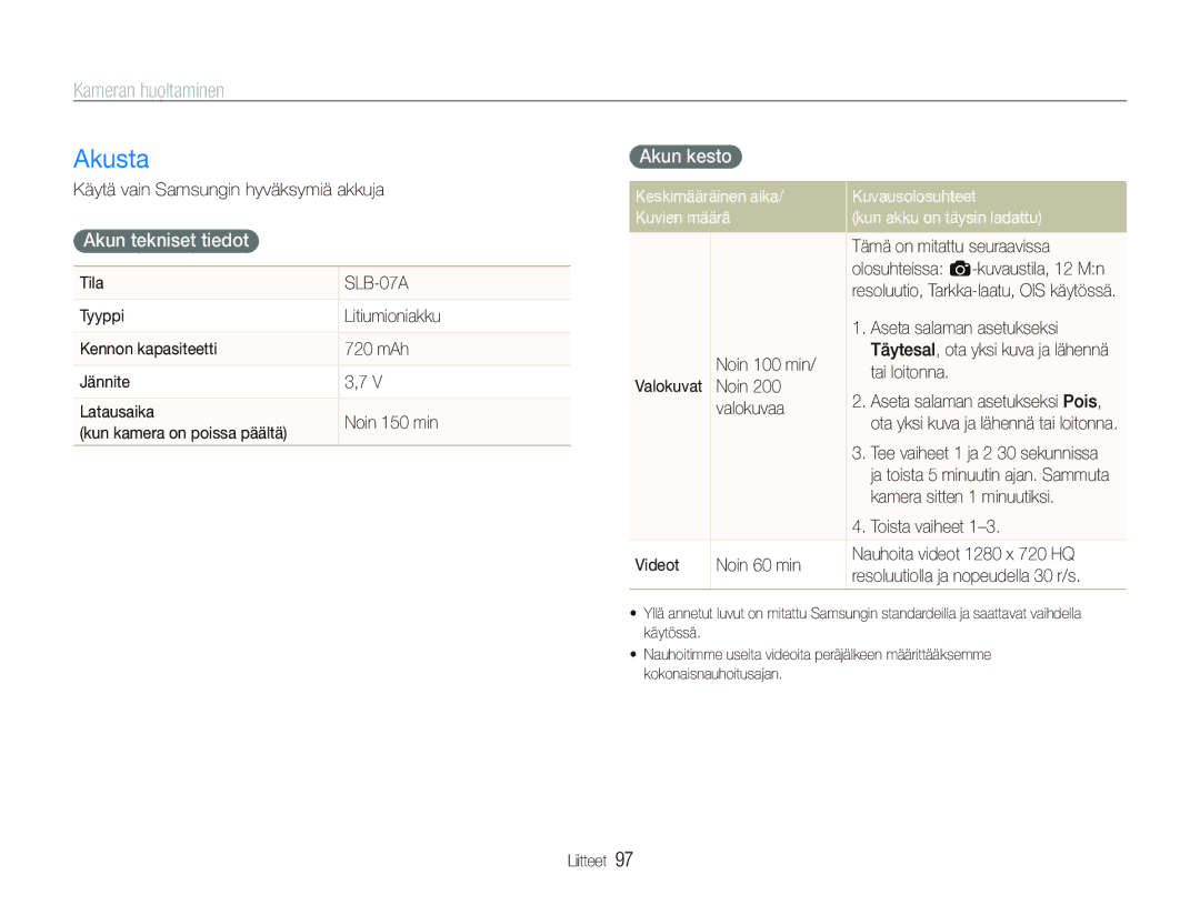 Samsung EC-ST500ZBPUE2, EC-ST500ZBPRE2, EC-ST510ZBPSE2, EC-ST500ZBPSE2 manual Akusta, Akun tekniset tiedot, Akun kesto 