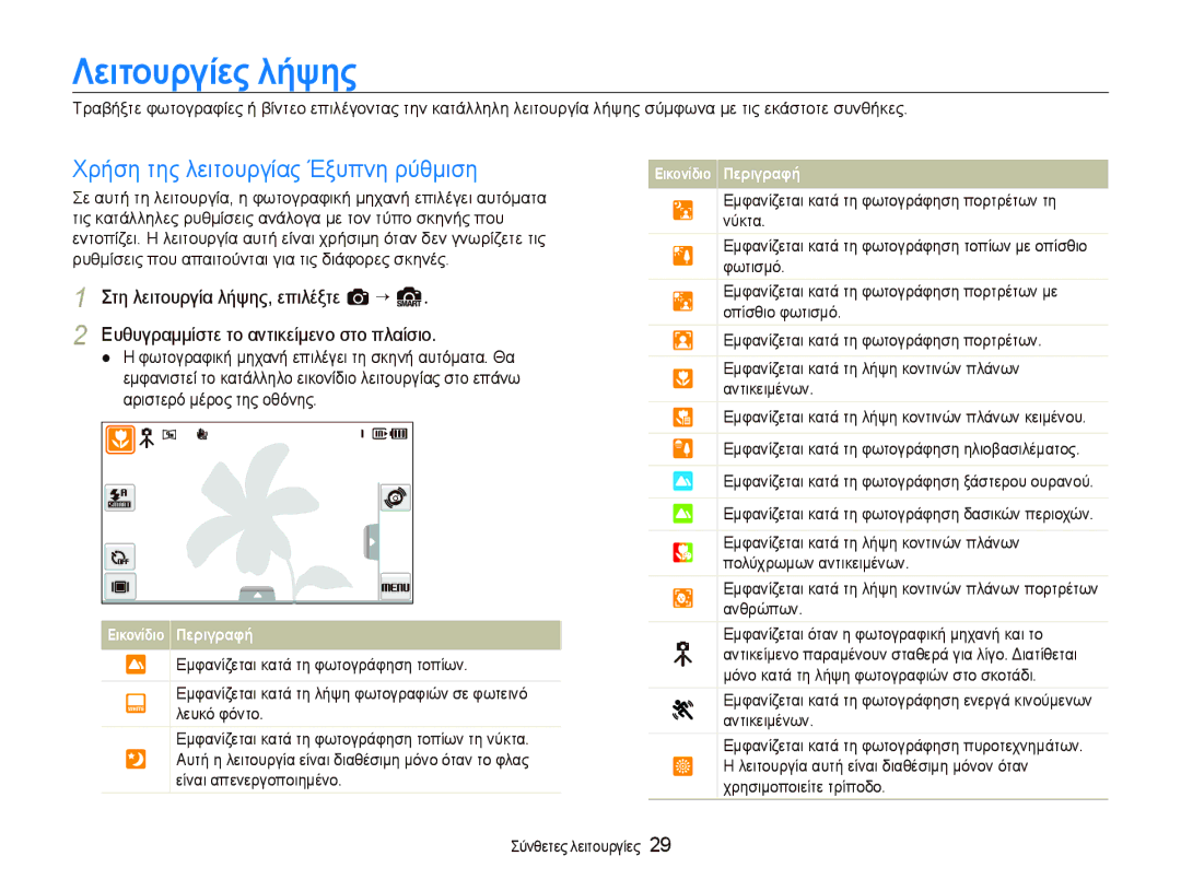 Samsung EC-ST5000BPBE3, EC-ST500ZBPRE3, EC-ST500ZBPSE3 manual Λειτουργίες λήψης, Χρήση της λειτουργίας Έξυπνη ρύθμιση 