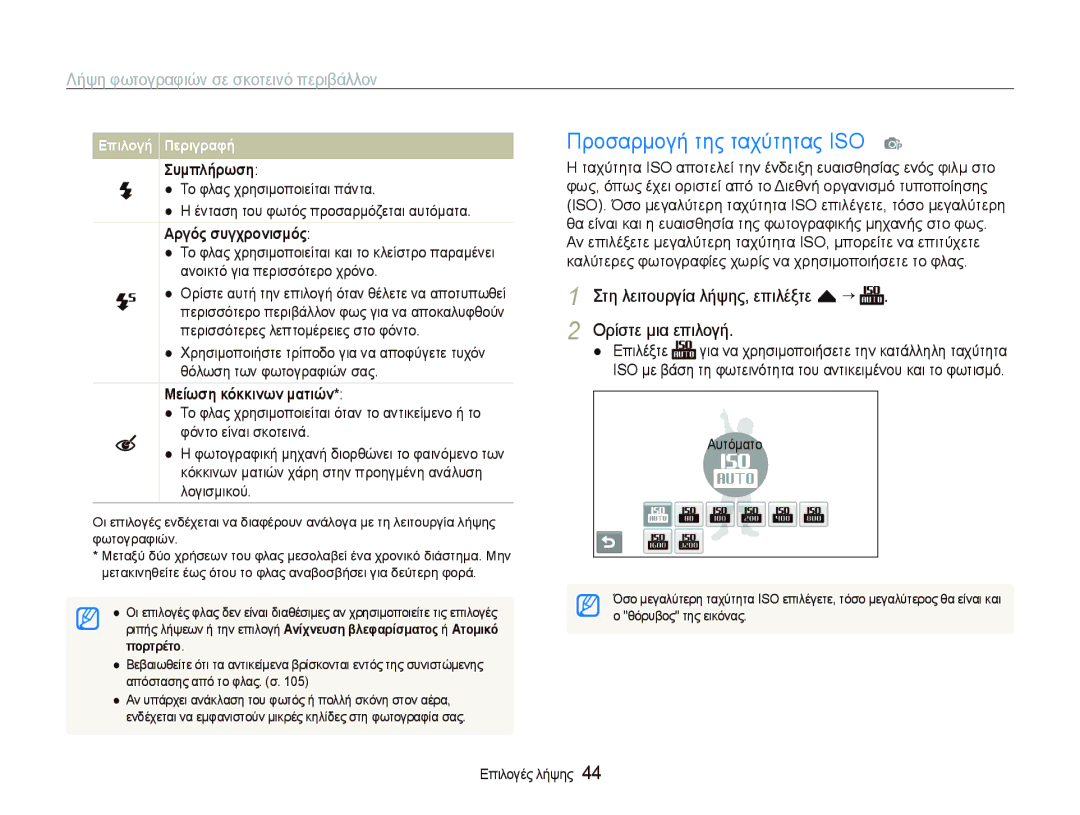 Samsung EC-ST500ZBPSE3, EC-ST500ZBPRE3 manual Προσαρμογή της ταχύτητας ISO p, Λήψη φωτογραφιών σε σκοτεινό περιβάλλον 