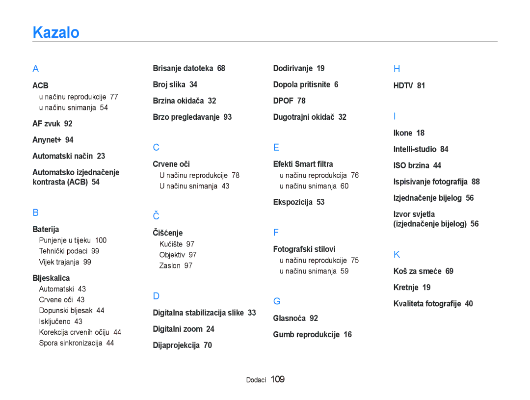 Samsung EC-ST500ZBPUE3 manual Kazalo, Punjenje u tijeku 100 Tehnički podaci 99 Vijek trajanja, Kućište Objektiv Zaslon 