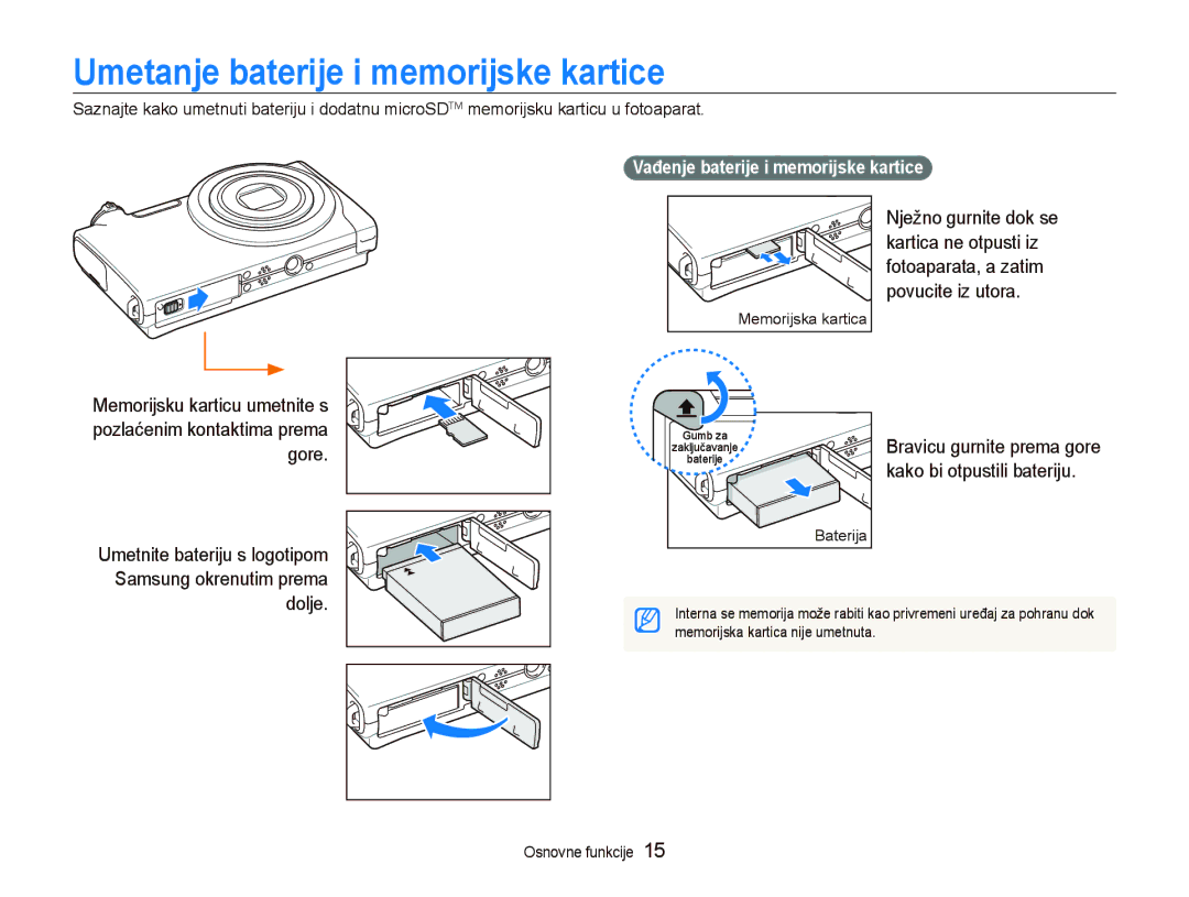 Samsung EC-ST5000BPAE3, EC-ST500ZBPRE3 manual Umetanje baterije i memorijske kartice, Vađenje baterije i memorijske kartice 