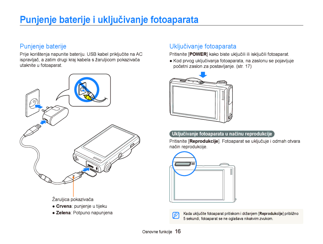 Samsung EC-ST5000BPOE3, EC-ST500ZBPRE3 manual Punjenje baterije i uključivanje fotoaparata, Uključivanje fotoaparata 