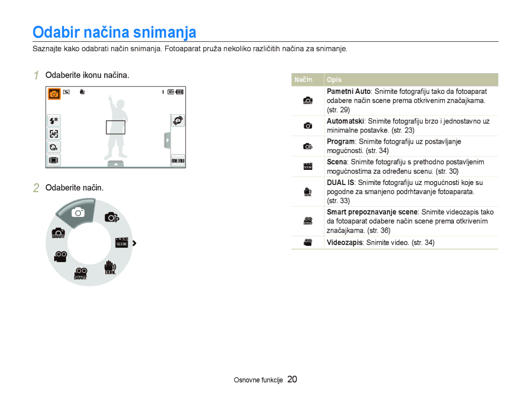 Samsung EC-ST5000BPBE3, EC-ST500ZBPRE3 Odabir načina snimanja, Odaberite ikonu načina Odaberite način, Mogućnosti. str 