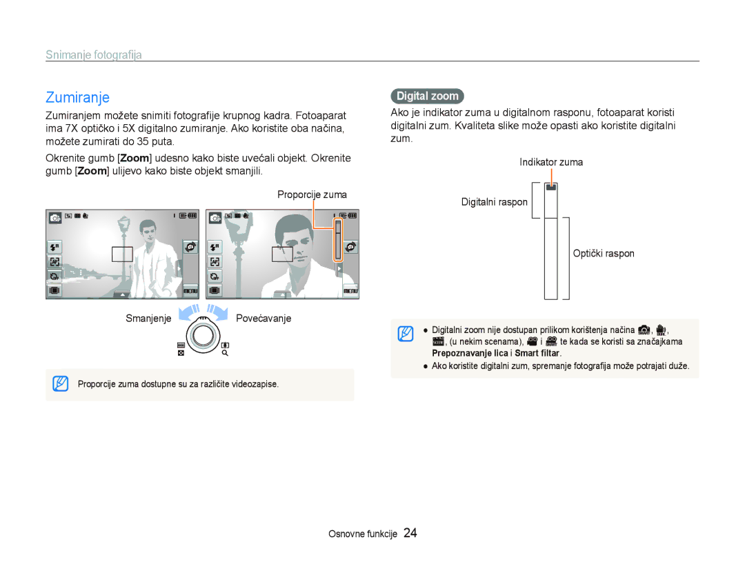 Samsung EC-ST500ZBPSE3, EC-ST500ZBPRE3, EC-ST500ZBPUE3, EC-ST5000BPBE3 manual Zumiranje, Snimanje fotograﬁja, Digital zoom 