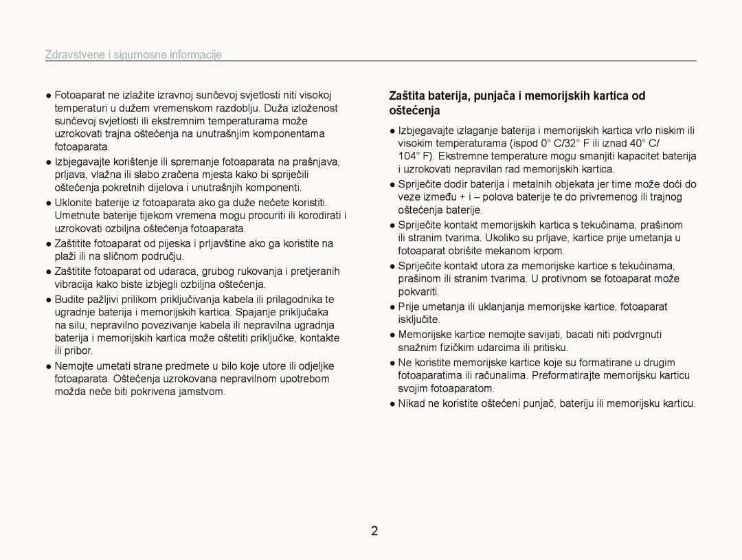 Samsung EC-ST5000BPBE3 Zdravstvene i sigurnosne informacije, Zaštita baterija, punjača i memorijskih kartica od oštećenja 