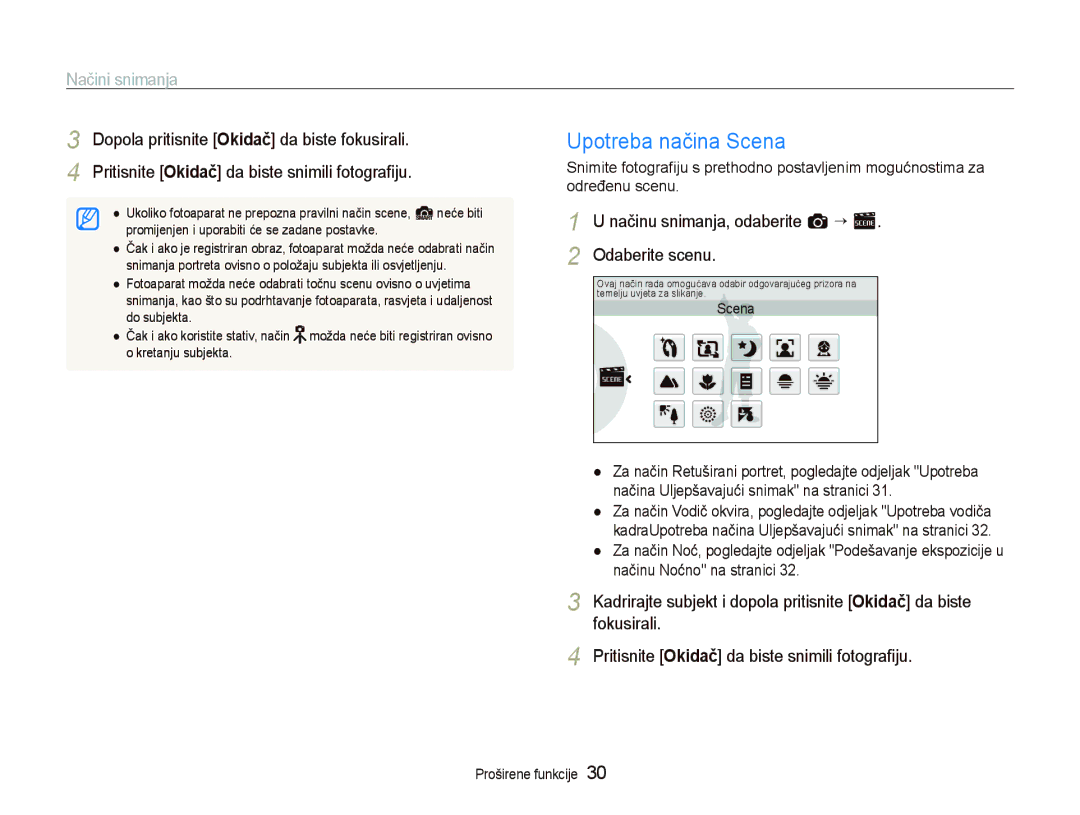 Samsung EC-ST500ZBPSE3 manual Upotreba načina Scena, Načini snimanja, Načinu snimanja, odaberite a ““s Odaberite scenu 