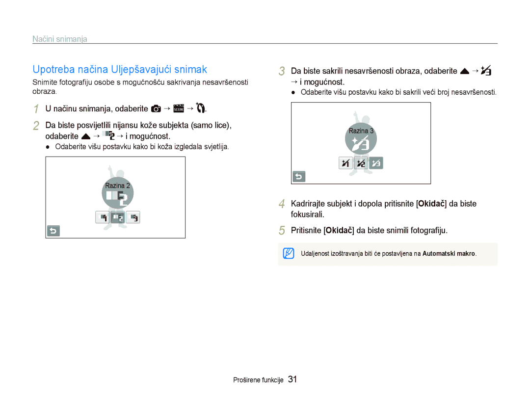 Samsung EC-ST500ZBPUE3 manual Upotreba načina Uljepšavajući snimak, Načinu snimanja, odaberite a “ s ““, Fokusirali 