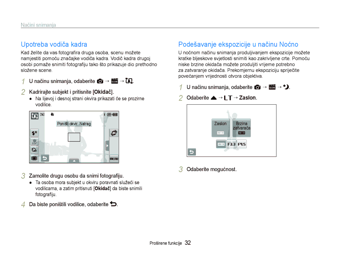 Samsung EC-ST5000BPBE3, EC-ST500ZBPRE3, EC-ST500ZBPSE3 manual Upotreba vodiča kadra, Podešavanje ekspozicije u načinu Noćno 