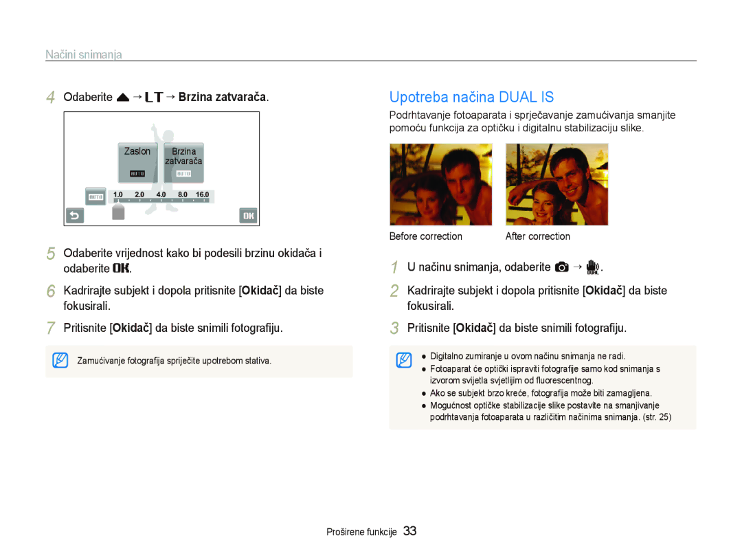 Samsung EC-ST5000BPAE3 manual Upotreba načina Dual is, Odaberite f “, ““Brzina zatvarača, Načinu snimanja, odaberite a ““d 