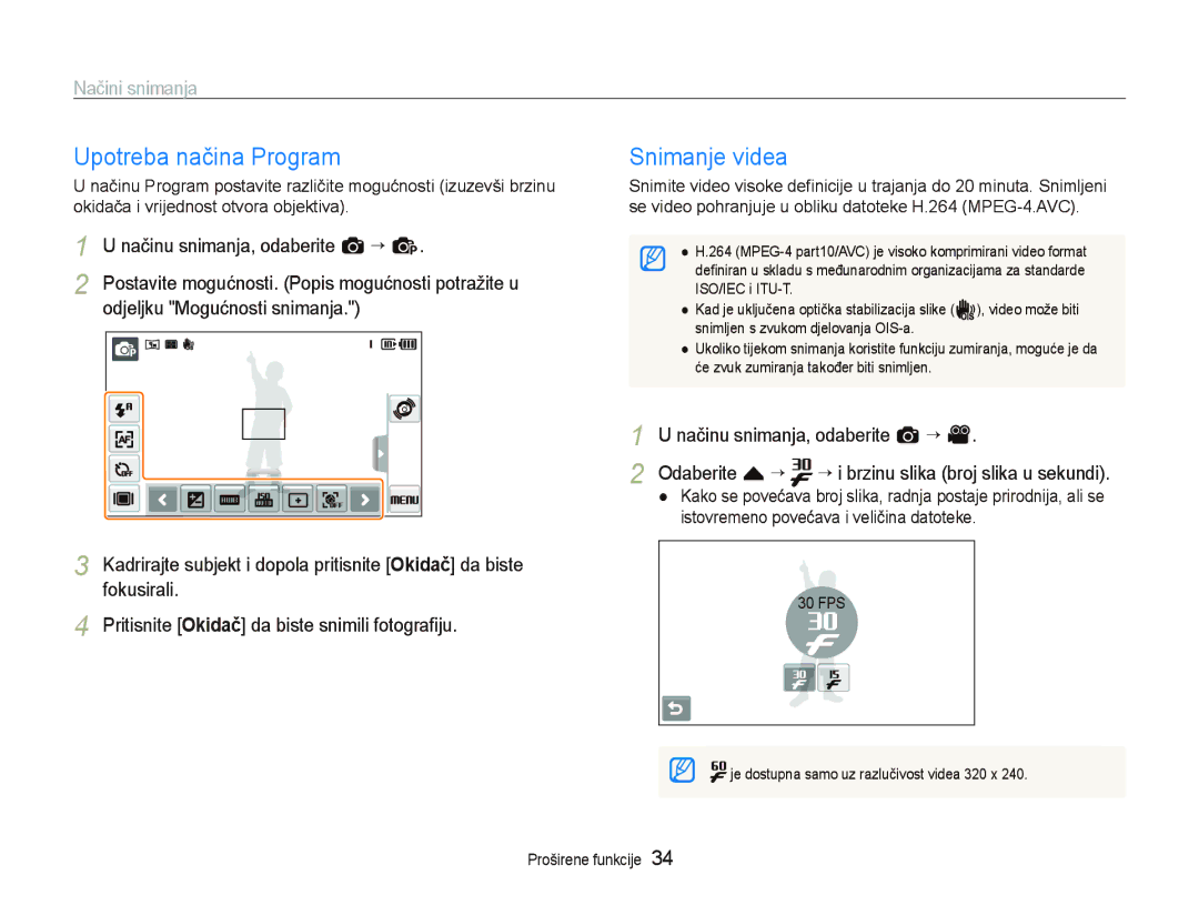 Samsung EC-ST5000BPOE3, EC-ST500ZBPRE3 manual Upotreba načina Program, Snimanje videa, Načinu snimanja, odaberite a “ 