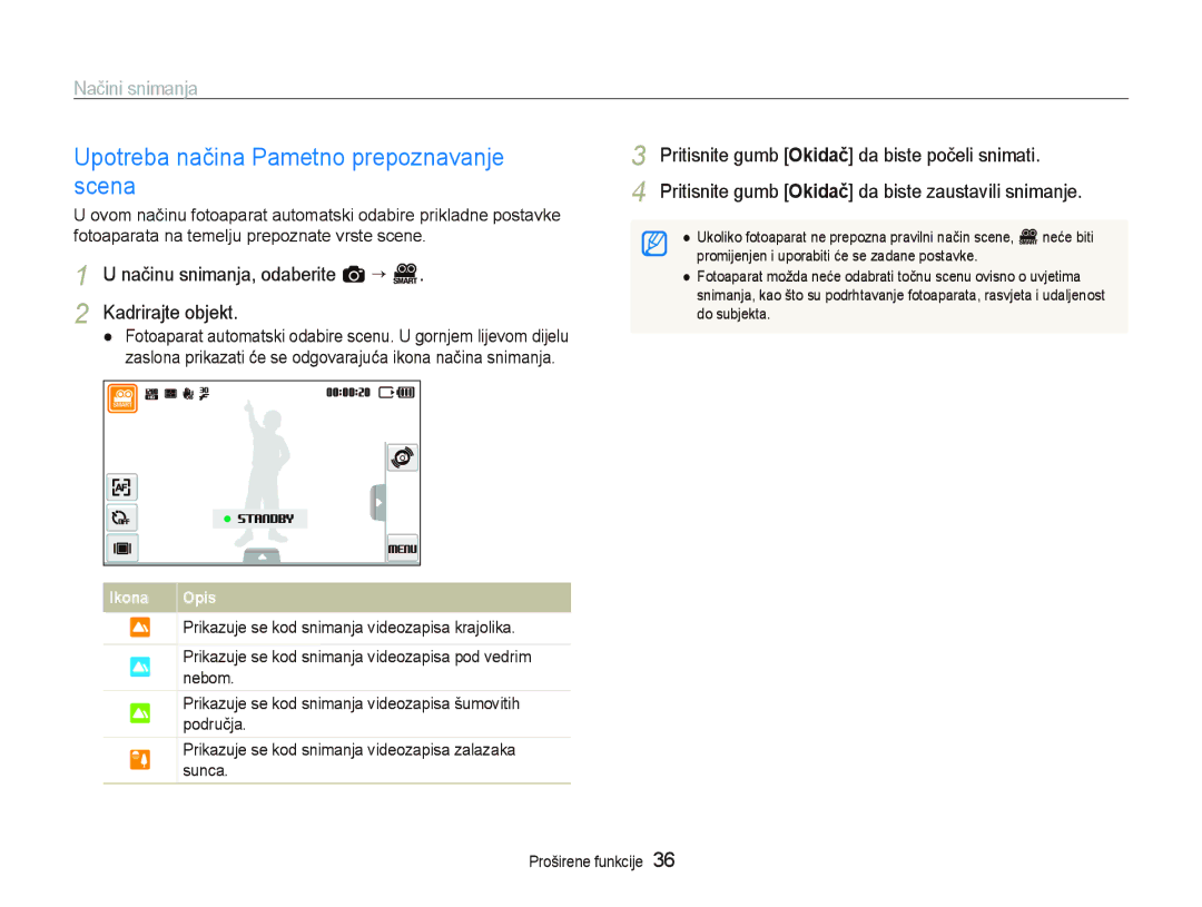 Samsung EC-ST500ZBPSE3 Upotreba načina Pametno prepoznavanje scena, Načinu snimanja, odaberite a “ D Kadrirajte objekt 