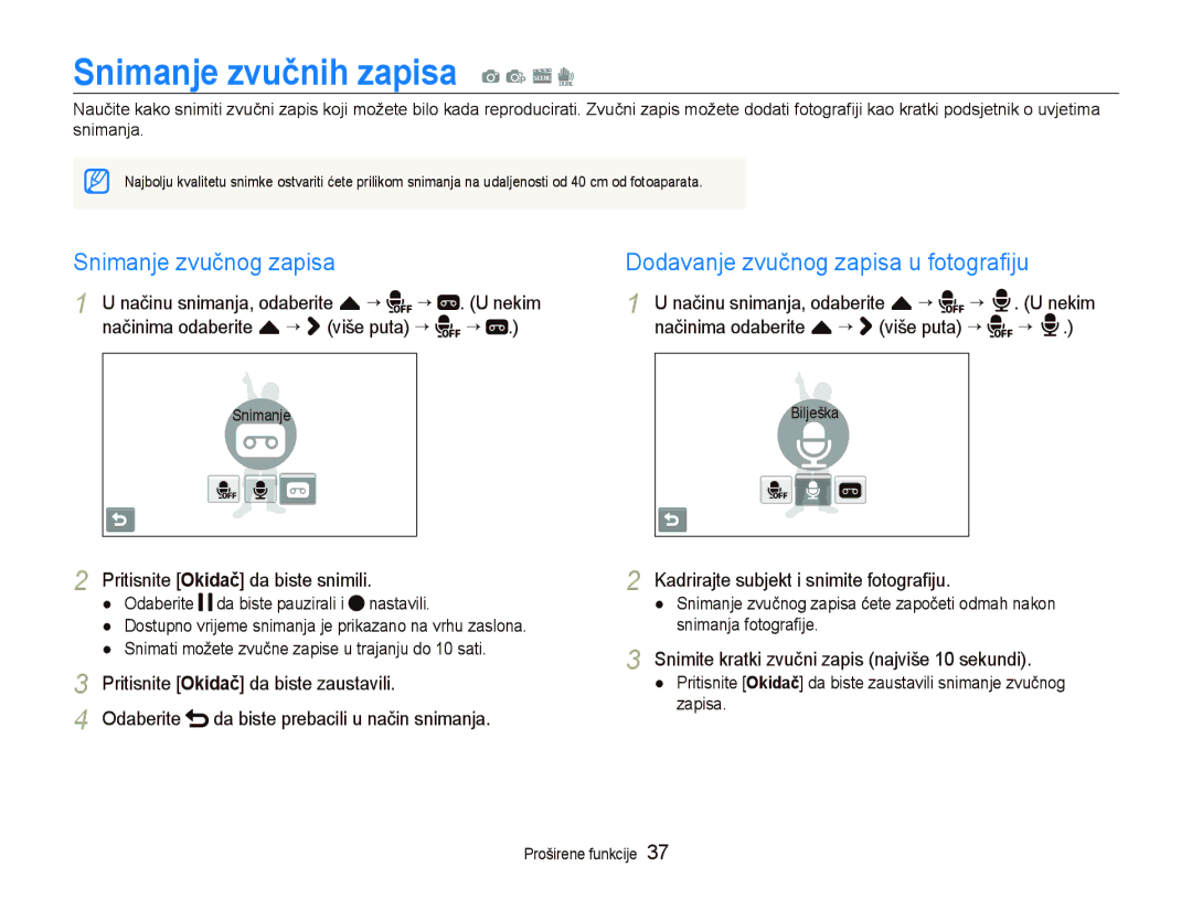 Samsung EC-ST500ZBPUE3 Snimanje zvučnih zapisa a p s d, Snimanje zvučnog zapisa, Dodavanje zvučnog zapisa u fotograﬁju 