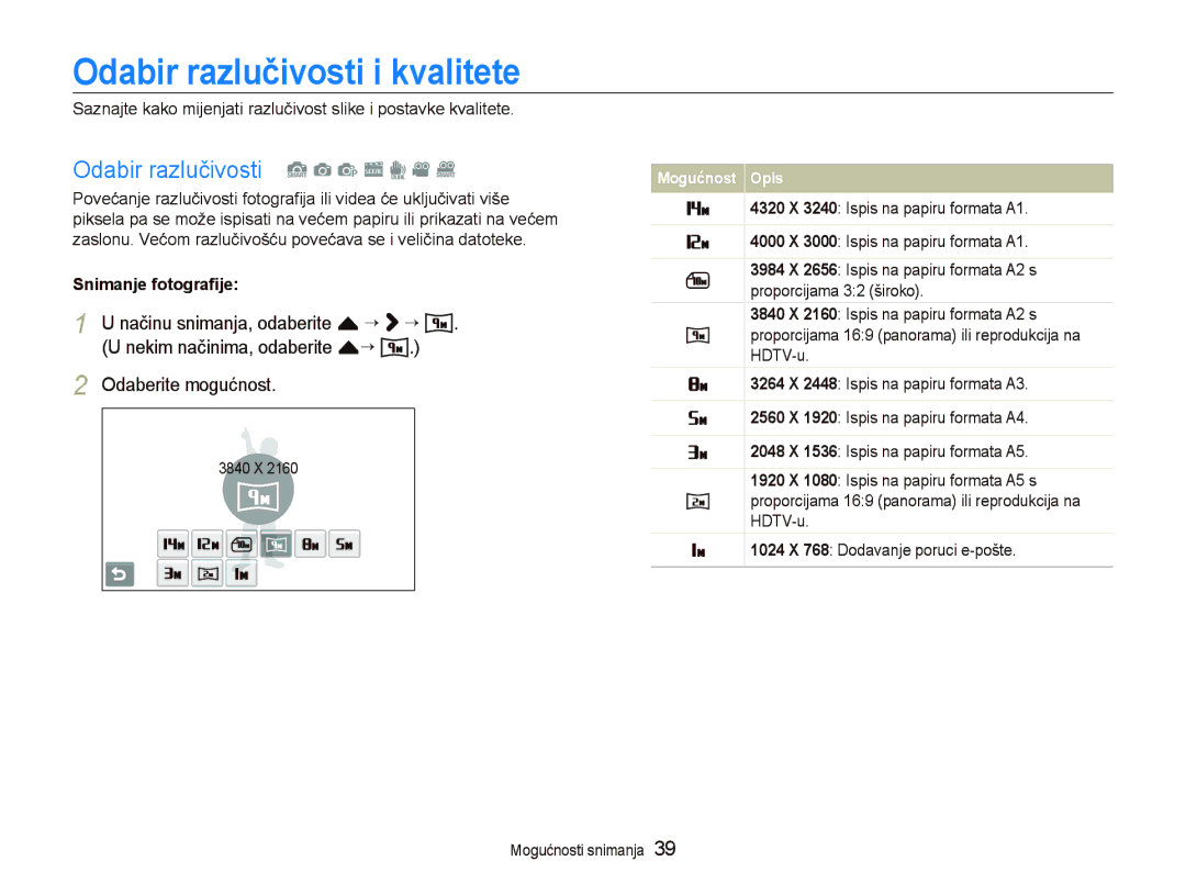 Samsung EC-ST5000BPAE3 manual Odabir razlučivosti i kvalitete, Odabir razlučivosti S a p s d v D, Snimanje fotograﬁje 