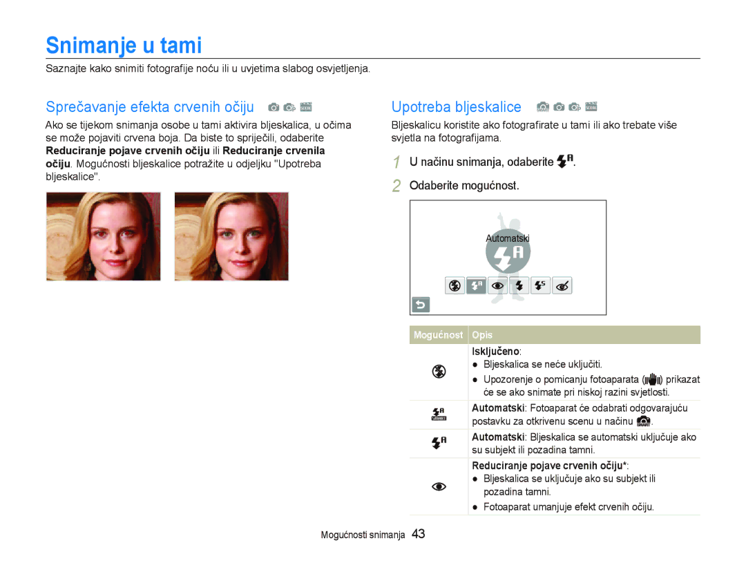 Samsung EC-ST500ZBPUE3 manual Snimanje u tami, Reduciranje pojave crvenih očiju ili Reduciranje crvenila, Isključeno 