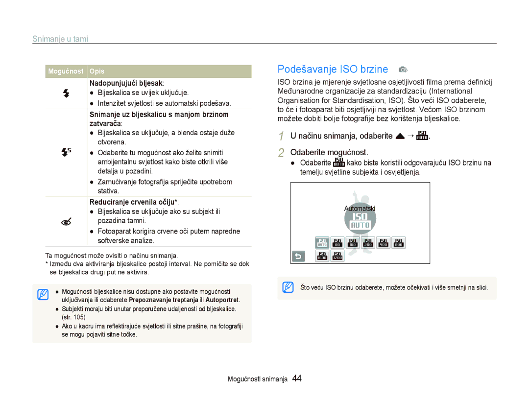 Samsung EC-ST5000BPBE3 manual Podešavanje ISO brzine p, Snimanje u tami, Načinu snimanja, odaberite f “ Odaberite mogućnost 