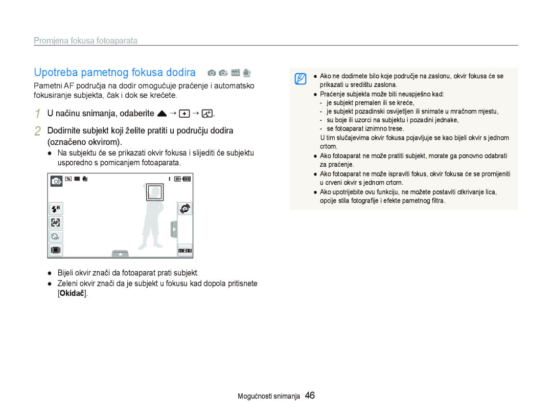 Samsung EC-ST5000BPOE3 manual Upotreba pametnog fokusa dodira a p s d, Promjena fokusa fotoaparata, Označeno okvirom 