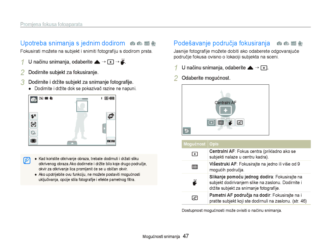 Samsung EC-ST500ZBPRE3 manual Upotreba snimanja s jednim dodirom a p s d, Podešavanje područja fokusiranja a p s d 