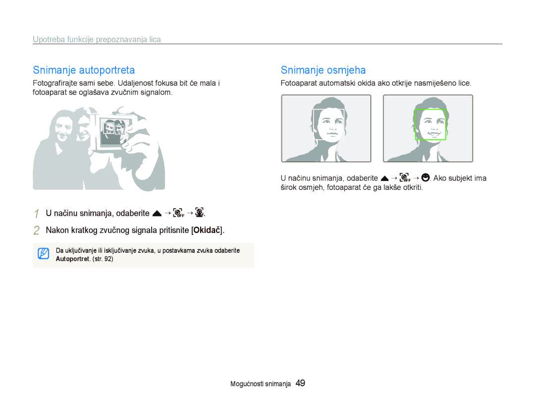 Samsung EC-ST500ZBPUE3, EC-ST500ZBPRE3 manual Snimanje autoportreta, Snimanje osmjeha, Upotreba funkcije prepoznavanja lica 