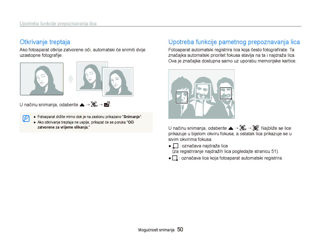 Samsung EC-ST5000BPBE3, EC-ST500ZBPRE3, EC-ST500ZBPSE3 Otkrivanje treptaja, Upotreba funkcije pametnog prepoznavanja lica 