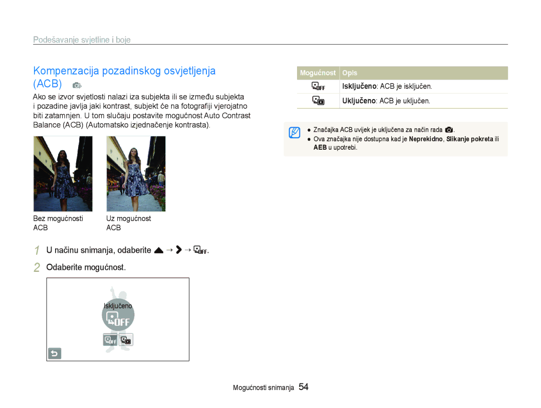 Samsung EC-ST500ZBPSE3 manual Kompenzacija pozadinskog osvjetljenja ACB p, Podešavanje svjetline i boje, Bez mogućnosti 