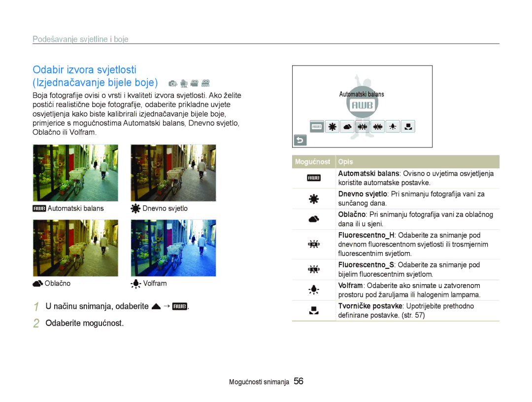 Samsung EC-ST5000BPBE3, EC-ST500ZBPRE3, EC-ST500ZBPSE3 manual Odabir izvora svjetlosti Izjednačavanje bijele boje p d v D 