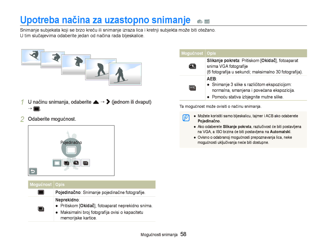 Samsung EC-ST5000BPOE3 Upotreba načina za uzastopno snimanje p s, Pojedinačno Snimanje pojedinačne fotograﬁje, Neprekidno 