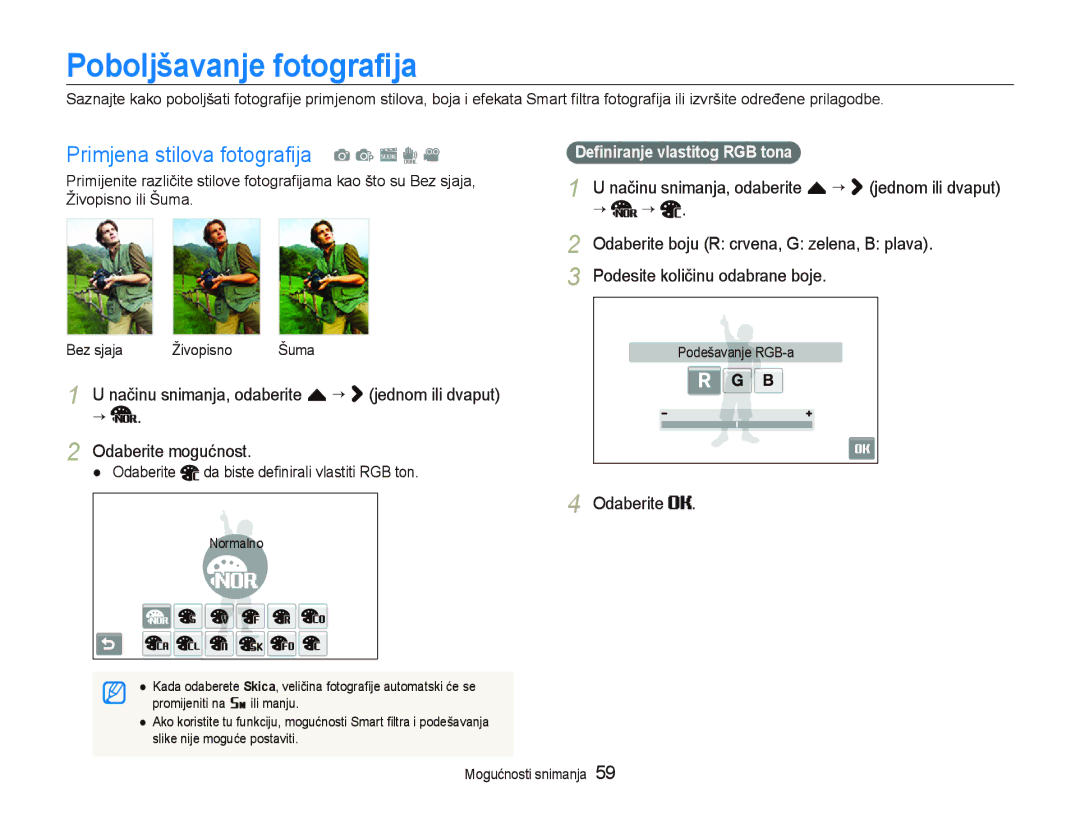 Samsung EC-ST500ZBPRE3 Poboljšavanje fotograﬁja, Primjena stilova fotograﬁja a p s d, Podesite količinu odabrane boje 