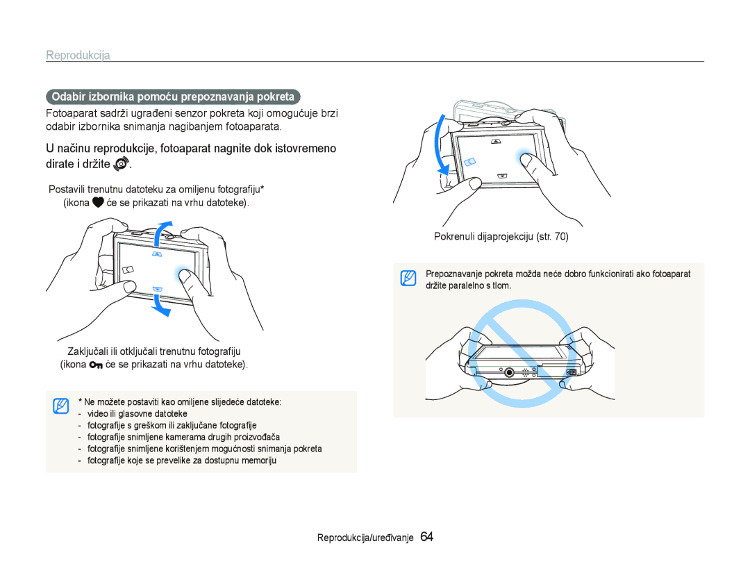 Samsung EC-ST5000BPOE3 manual Reprodukcija, Odabir izbornika pomoću prepoznavanja pokreta, Pokrenuli dijaprojekciju str 