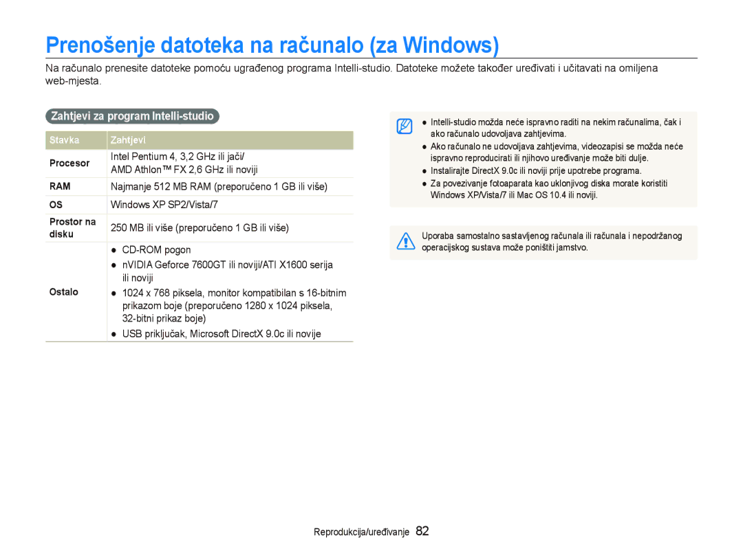 Samsung EC-ST5000BPOE3, EC-ST500ZBPRE3 manual Prenošenje datoteka na računalo za Windows, Zahtjevi za program Intelli-studio 