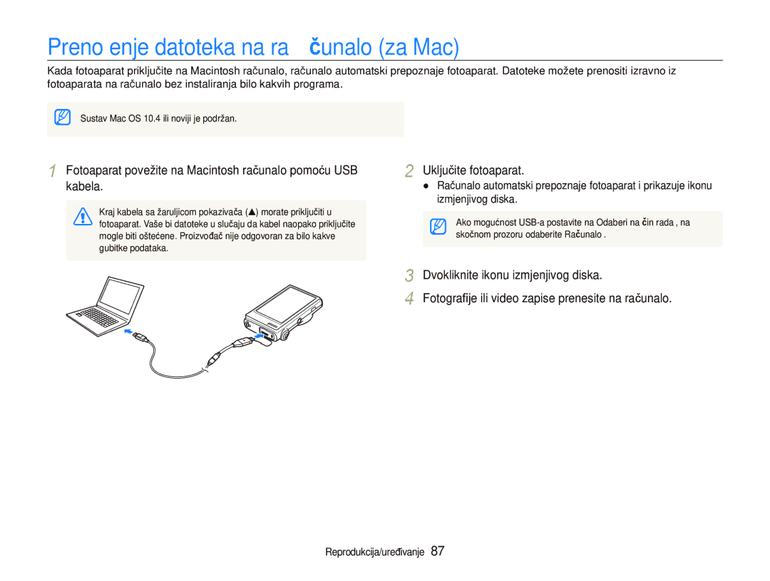 Samsung EC-ST5000BPAE3 Prenošenje datoteka na računalo za Mac, Fotoaparat povežite na Macintosh računalo pomoću USB kabela 