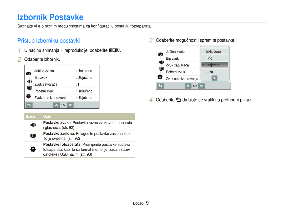 Samsung EC-ST500ZBPUE3 manual Izbornik Postavke, Pristup izborniku postavki, Odaberite mogućnost i spremite postavke 