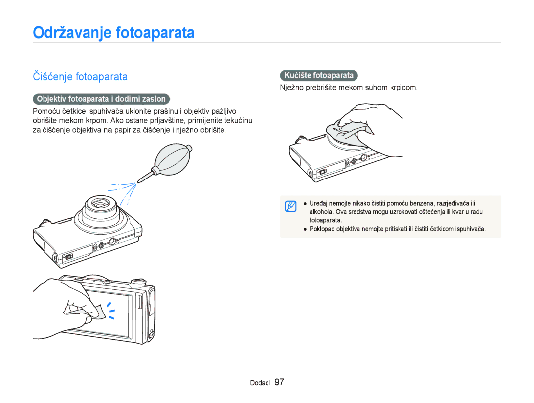 Samsung EC-ST500ZBPUE3, EC-ST500ZBPRE3 Održavanje fotoaparata, Čišćenje fotoaparata, Objektiv fotoaparata i dodirni zaslon 