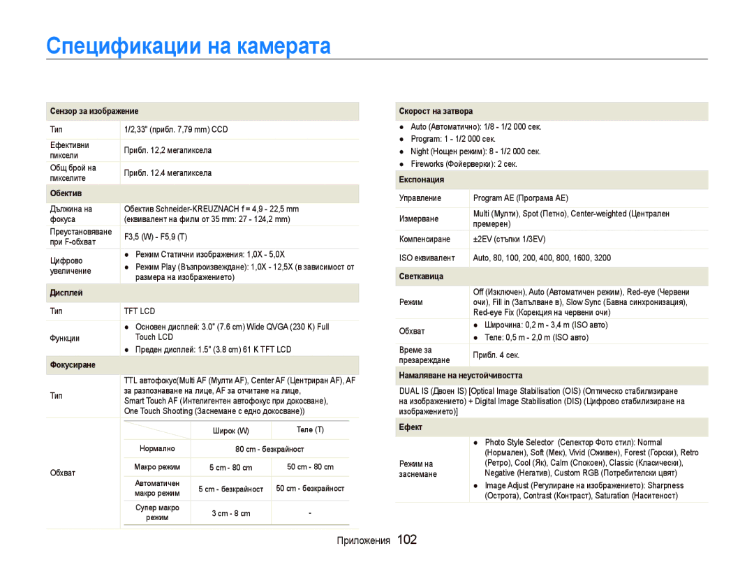 Samsung EC-ST500ZBPSE3, EC-ST500ZBPRE3, EC-ST500ZBPUE3 manual Спецификации на камерата, Сензор за изображение 