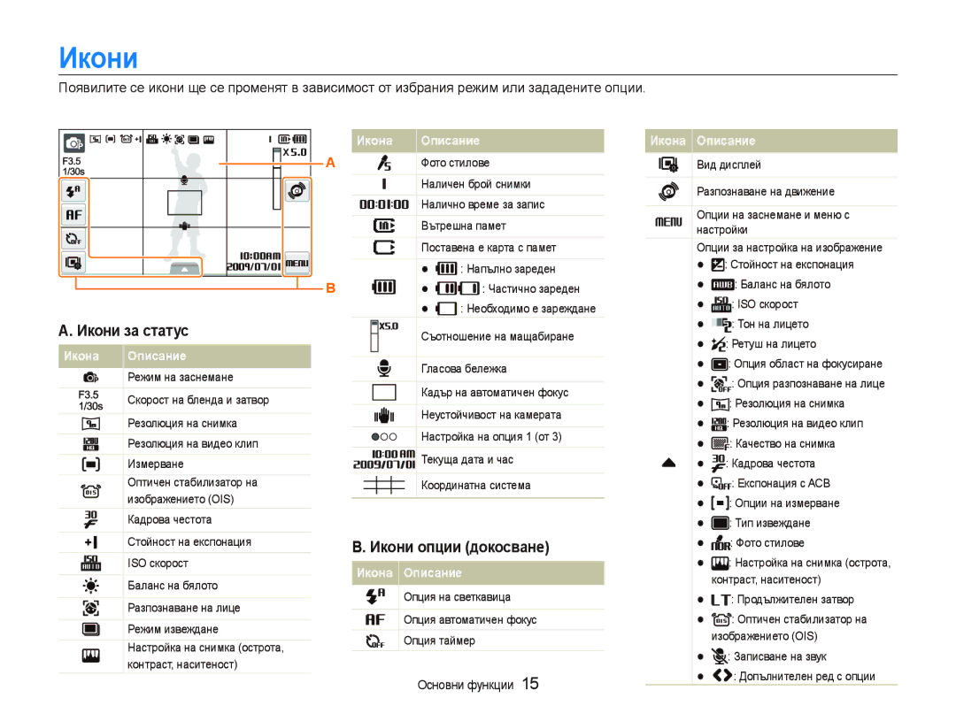 Samsung EC-ST500ZBPSE3, EC-ST500ZBPRE3, EC-ST500ZBPUE3 manual Икони за статус, Икони опции докосване 