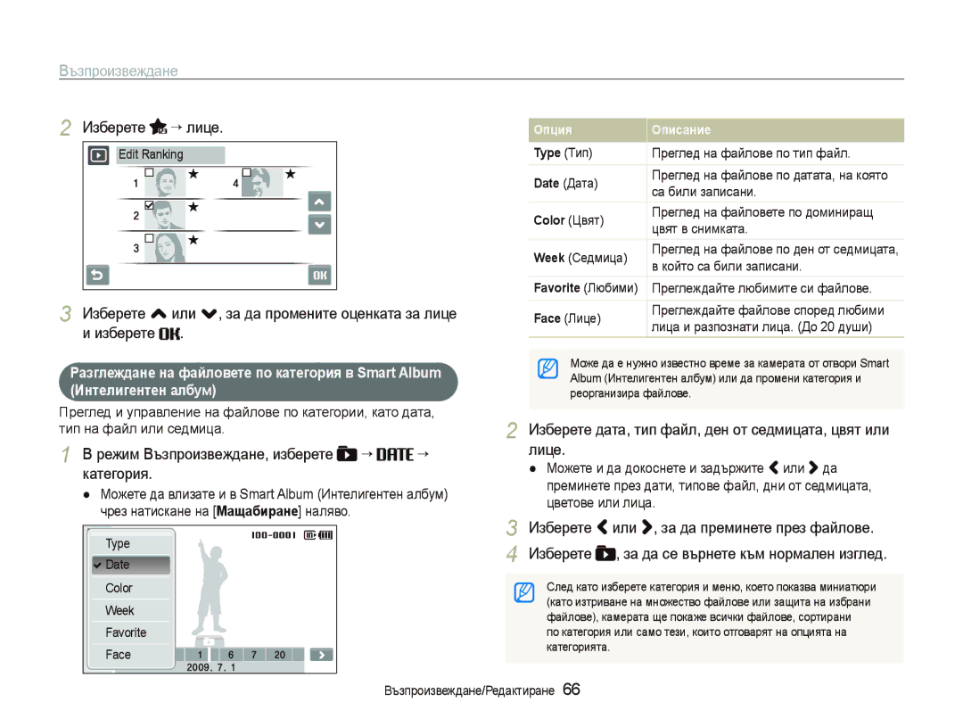 Samsung EC-ST500ZBPSE3, EC-ST500ZBPRE3, EC-ST500ZBPUE3 manual Изберете “ лице, Режим Възпроизвеждане, изберете “ “ категория 