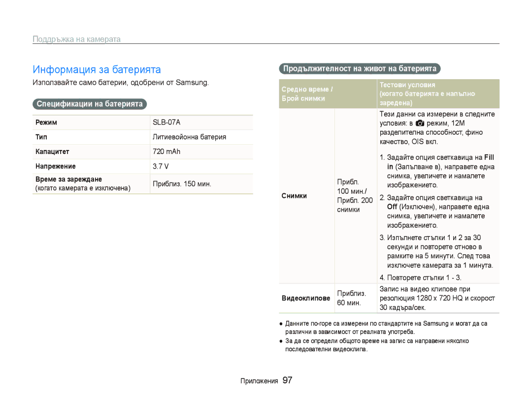 Samsung EC-ST500ZBPUE3 manual Информация за батерията, Спецификации на батерията, Продължителност на живот на батерията 