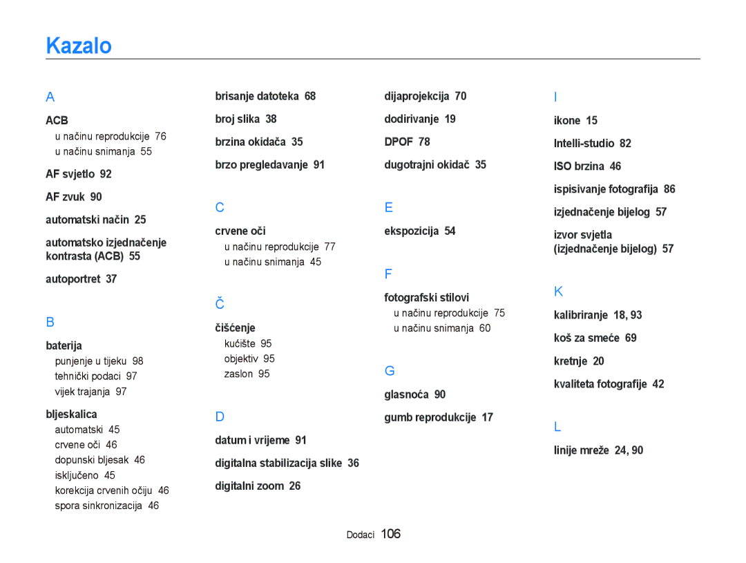 Samsung EC-ST500ZBPUE3 manual Kazalo, Punjenje u tijeku 98 tehnički podaci 97 vijek trajanja, Kućište 95 objektiv 95 zaslon 