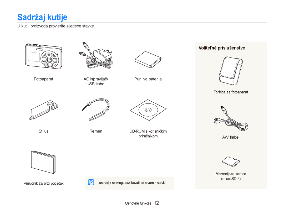 Samsung EC-ST500ZBPSE3 manual Sadržaj kutije, Kutiji proizvoda provjerite sljedeće stavke Fotoaparat, Stilus Remen 