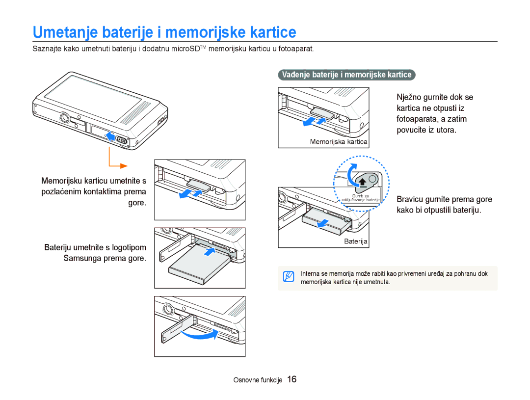 Samsung EC-ST500ZBPUE3, EC-ST500ZBPRE3 manual Umetanje baterije i memorijske kartice, Vađenje baterije i memorijske kartice 