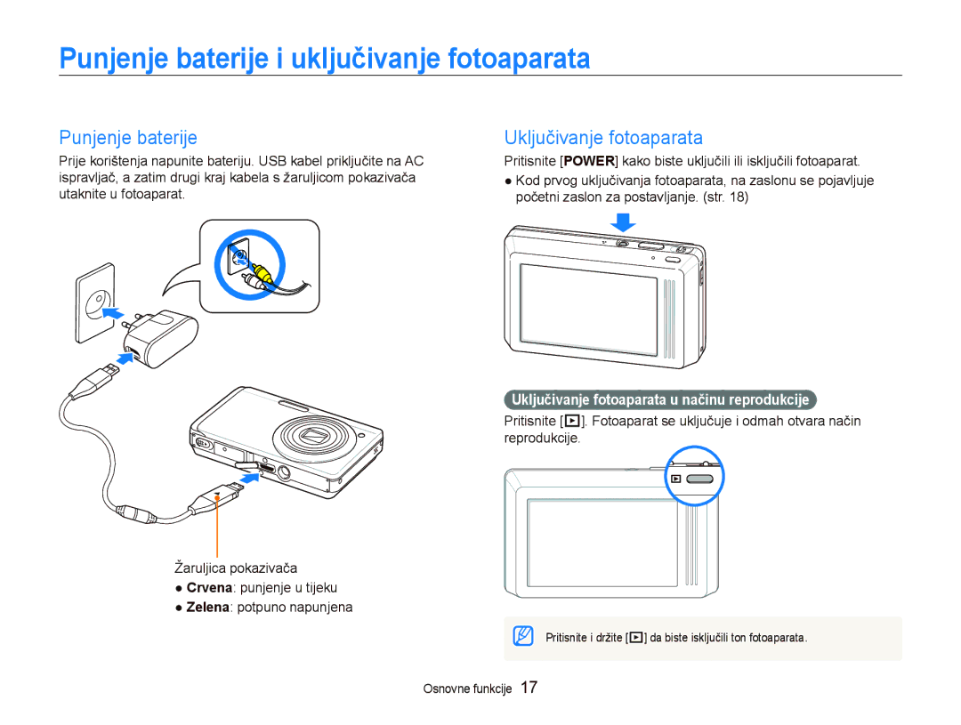 Samsung EC-ST500ZBPRE3, EC-ST500ZBPSE3 manual Punjenje baterije i uključivanje fotoaparata, Uključivanje fotoaparata 