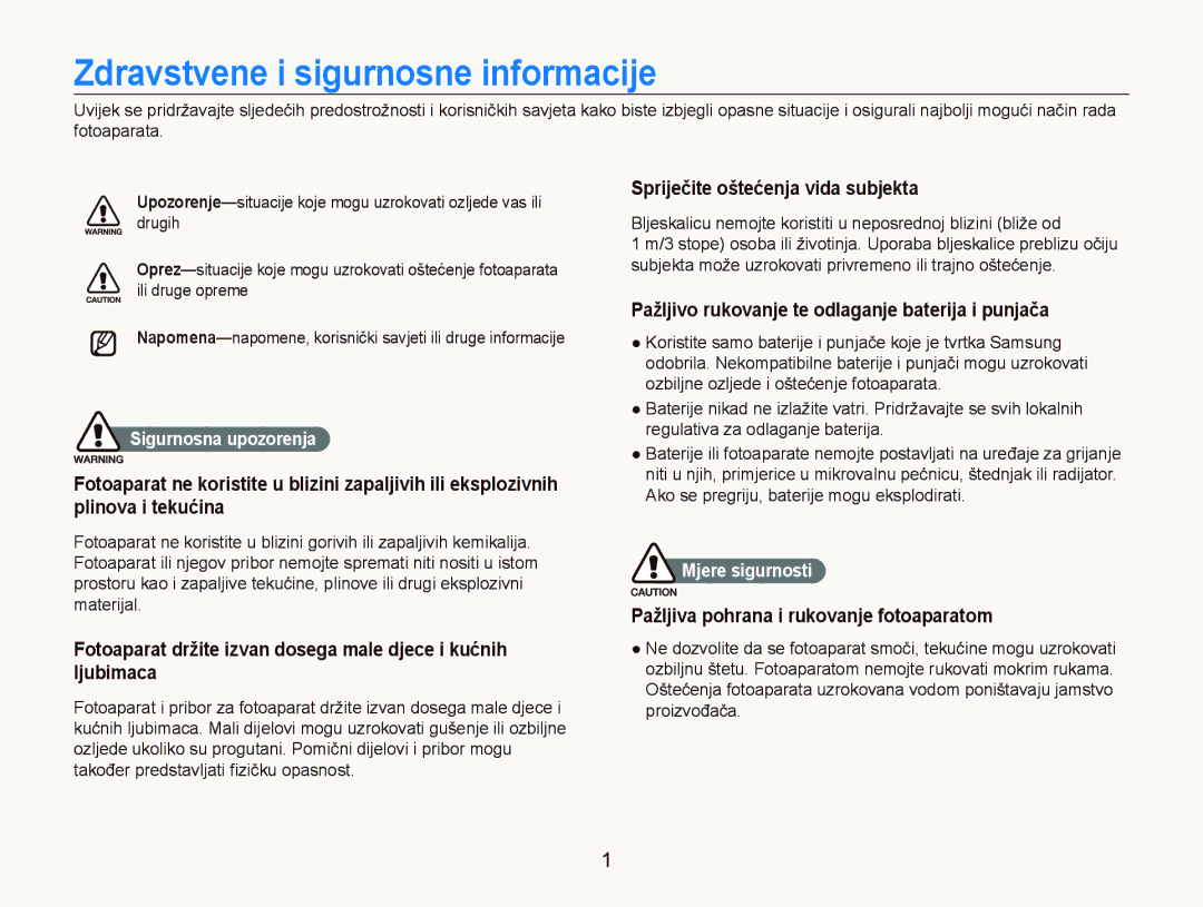 Samsung EC-ST500ZBPUE3, EC-ST500ZBPRE3 manual Zdravstvene i sigurnosne informacije, Sigurnosna upozorenja, Mjere sigurnosti 