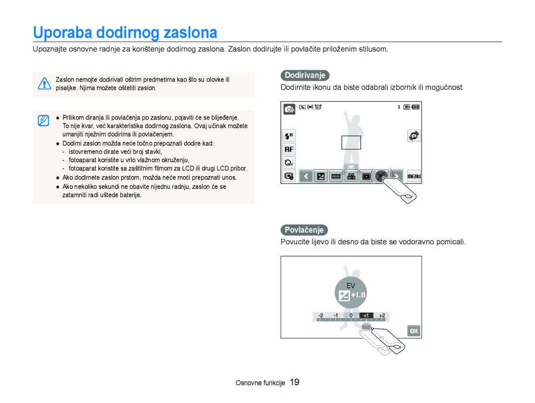 Samsung EC-ST500ZBPUE3 Uporaba dodirnog zaslona, Dodirivanje, Dodirnite ikonu da biste odabrali izbornik ili mogućnost 