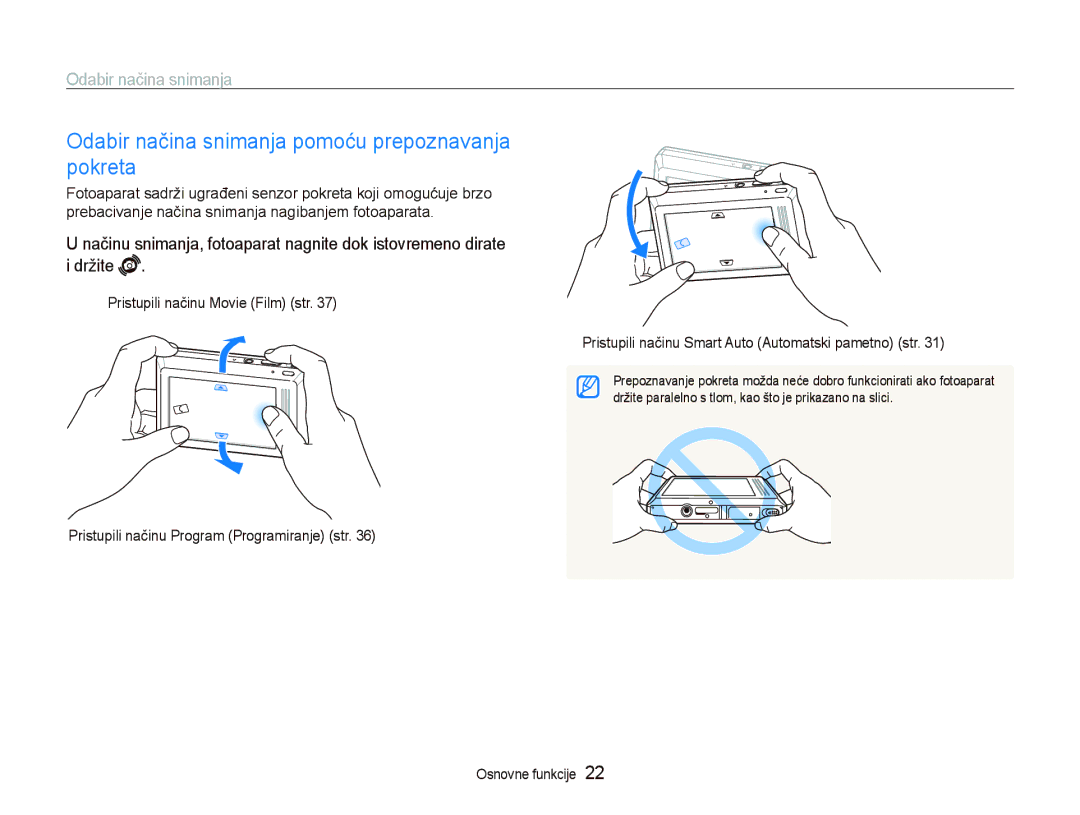 Samsung EC-ST500ZBPUE3, EC-ST500ZBPRE3, EC-ST500ZBPSE3 manual Odabir načina snimanja pomoću prepoznavanja pokreta 