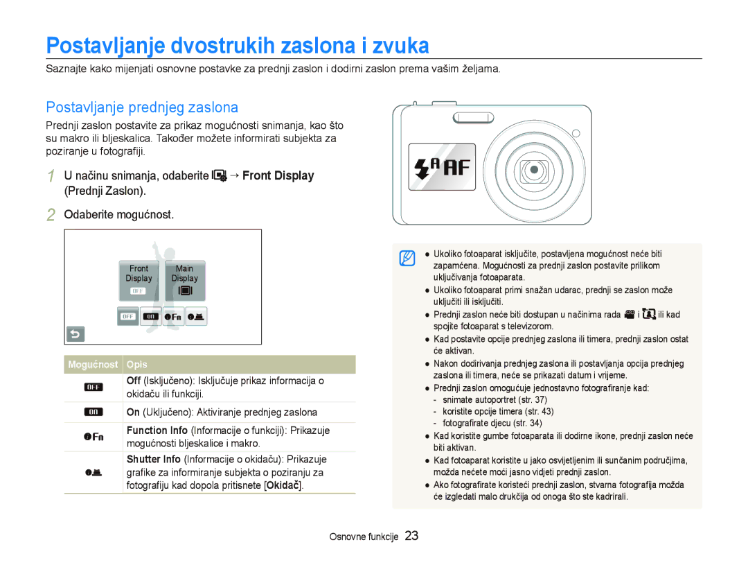 Samsung EC-ST500ZBPRE3, EC-ST500ZBPSE3 manual Postavljanje dvostrukih zaslona i zvuka, Postavljanje prednjeg zaslona 